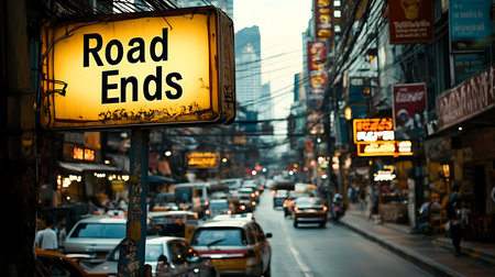 A congested city street marked by aRoad Endssign depicting urban life and traffic challenges.の素材