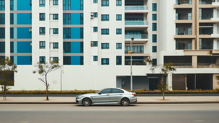 A sleek car moves alongside contemporary buildings showcasing urban life.の素材