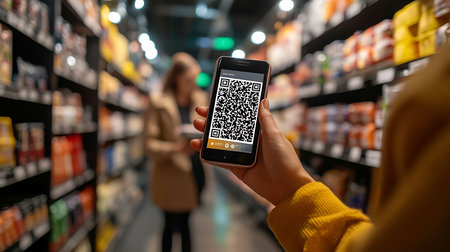 A shopper scans a QR code in a retail store exploring digital insights to enhance their shopping experience.の素材