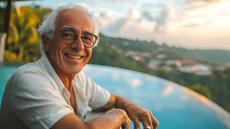 An elderly man enjoys a serene moment by the infinity pool surrounded by lush nature at sunset.の素材