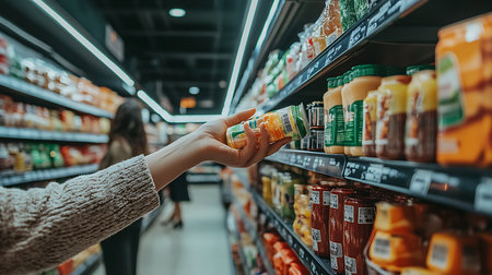 A person selecting a product from a vibrant supermarket shelf showcasing the variety available.の素材