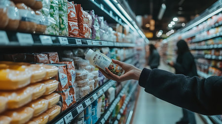 A shopper selects a health product in a grocery store aisle filled with choices.の素材