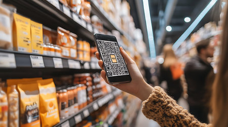 A shopper scans a QR code in a supermarket showcasing modern technology in retail.の素材