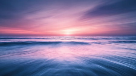 Breathtaking sunset casts vibrant colors over calm ocean waves creating a tranquil scene.の素材