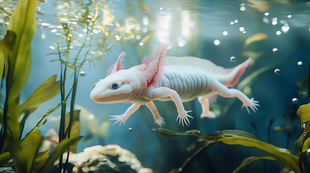 Discover the enchanting axolotl gracefully navigating its serene underwater environment.の素材