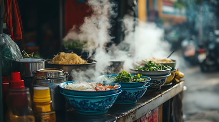Explore the vibrant world of street food showcasing fragrant dishes steaming in a bustling market.の素材