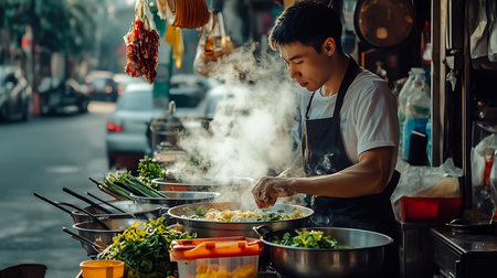 A chef skillfully prepares street food in a bustling urban market showcasing culinary art.の素材