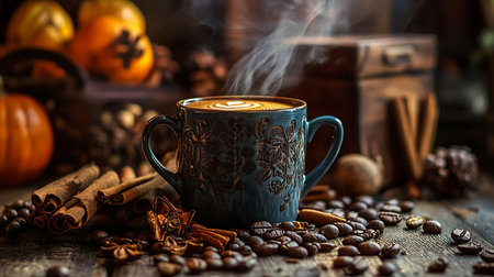 A steaming cup of coffee surrounded by autumn spices and decor creates a warm inviting atmosphere.の素材