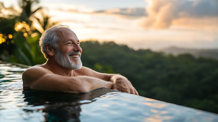 An elderly man enjoys a tranquil moment in an infinity pool as the sun sets over a lush tropical landscape.の素材