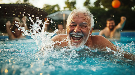 An elderly man enjoys a joyful swim in a pool surrounded by friends capturing the essence of summer fun.の素材