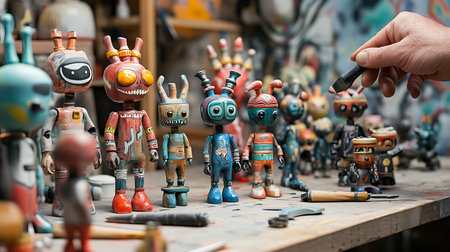 Explore the vibrant world of hand-crafted robot figurines in a creative studio setting.の素材