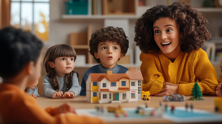 A mother and children delight in imaginative play with a miniature house fostering creativity and bonding.の素材