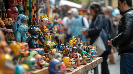 Explore a vibrant artisan market showcasing colorful crafts and unique cultural expressions.の素材