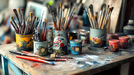 Explore a vibrant display of art tools in a creative studio capturing the essence of artistic passion.の素材