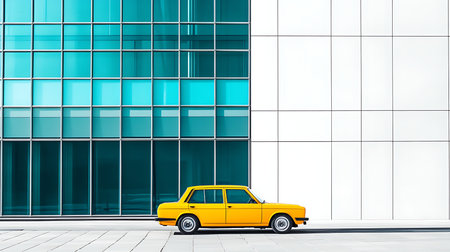 A vibrant yellow car contrasts with sleek glass architecture in a minimalist urban setting.の素材