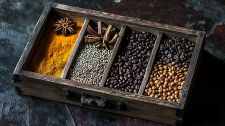 Discover the vibrant world of spices and herbs in a rustic kitchen setting.の素材