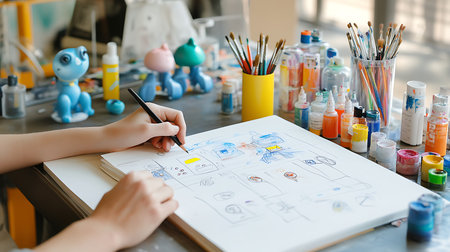 An artist sketches ideas in a vibrant studio filled with colorful supplies.の素材