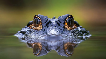 Explore the captivating detail of a crocodile's eyes and reflections in its natural habitat.の素材