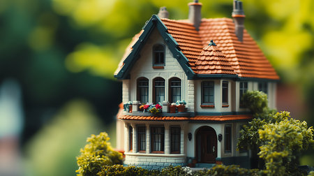 A detailed look at a captivating miniature house model surrounded by lush greenery.の素材
