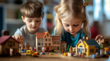 Kids engaged in imaginative play with toy houses fostering creativity and social skills.の素材