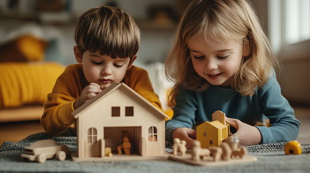Two kids engage with wooden toys fostering creativity and imagination in a cozy home setting.の素材