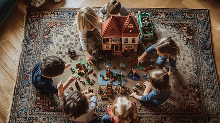 Kids engage in imaginative play with toys fostering creativity and social skills in a cozy home setting.の素材