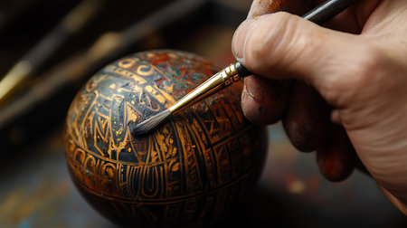 An artisan meticulously hand-paints intricate designs on a decorative sphere showcasing skill and creativity.の素材
