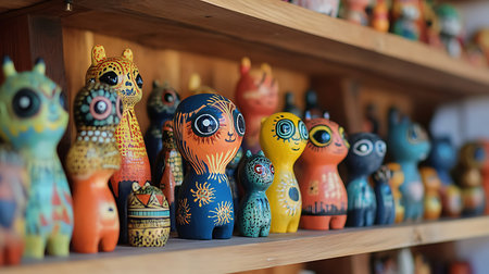 Explore a vibrant assortment of handcrafted figurines showcasing unique artistry in a lively market.の素材