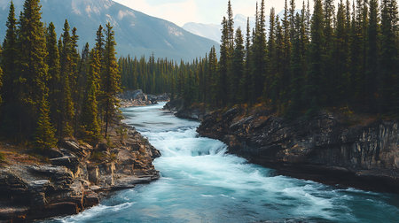 Experience the serene beauty of river rapids amidst the lush Canadian wilderness.の素材