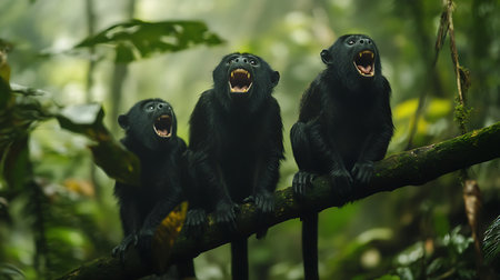 Three vocal monkeys express their emotions in a vibrant rainforest setting.の素材