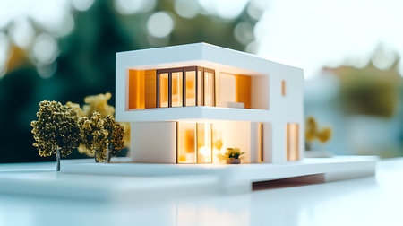Explore a stunning modern architectural model showcasing innovative design in a serene urban setting.の素材