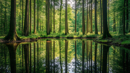 Explore a serene forest lake reflecting lush trees and tranquility in nature.の素材