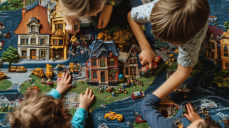Kids explore a vibrant play scene with toys and models fostering creativity and bonding in a cozy setting.の素材