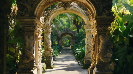 A tranquil journey through lush historic garden pathways showcasing nature's serene beauty.の素材