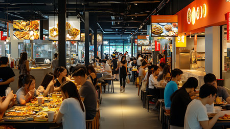 A bustling food court showcasing various cuisines and vibrant atmosphere where people connect.の素材