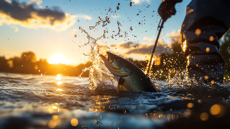 A fisherman catches a fish at sunset showcasing the beauty of nature and wildlife in an outdoor adventure.の素材