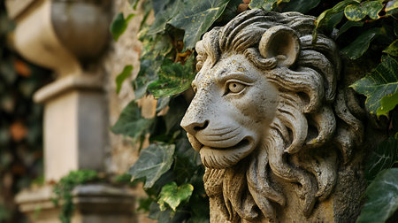 Explore the intricate details of a lion statue surrounded by lush greenery in a tranquil garden.の素材
