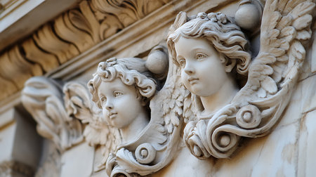 Explore the intricate details of angelic sculptures in a historic building showcasing exquisite artistry.の素材