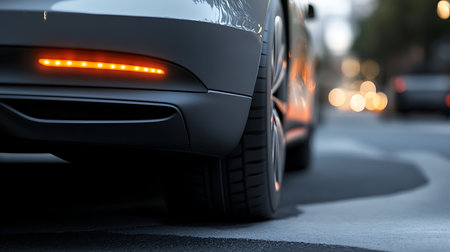 A sleek car's illuminated features stand out against the urban night backdrop showcasing modern automotive design.の素材