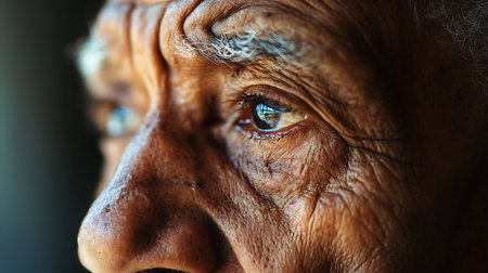 A close-up captures the deep emotions and experiences reflected in an elderly man's eyes.の素材