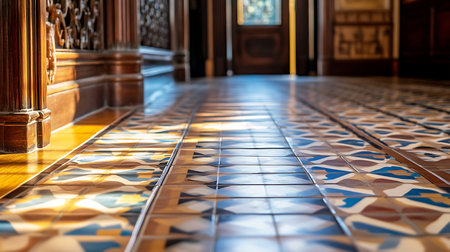 Explore intricate tile patterns of a grand hall's historic floor showcasing elegance in architectural design.の素材