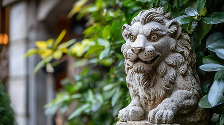 A majestic lion statue rests amidst vibrant foliage capturing the essence of urban tranquility.の素材