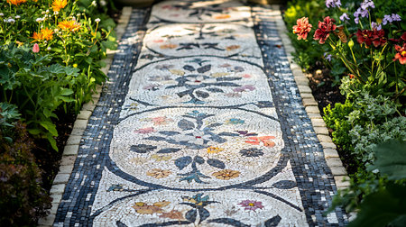 Discover a stunning mosaic pathway surrounded by vibrant flowers in a serene garden.の素材