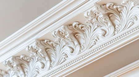 Discover the stunning details of ornate ceiling molding adding elegance to modern interiors.の素材