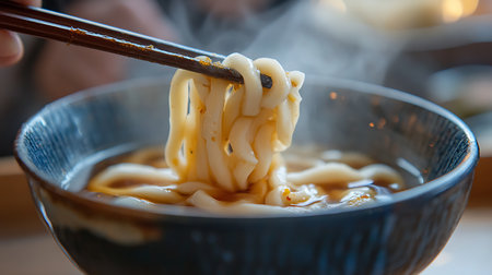 Experience the warmth of delicious hot noodles beautifully captured in a cozy restaurant setting.の素材