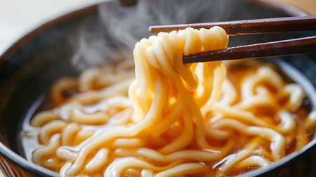 Enjoy a steaming bowl of udon noodles in a cozy Japanese restaurant setting.の素材