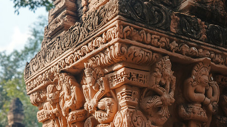 Explore the stunning details of intricate temple carvings showcasing cultural artistry in ancient ruins.の素材