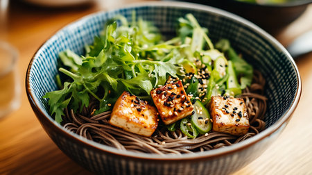 A vibrant soba noodle bowl topped with tofu and fresh greens showcasing a healthy meal in a cozy kitchen.の素材