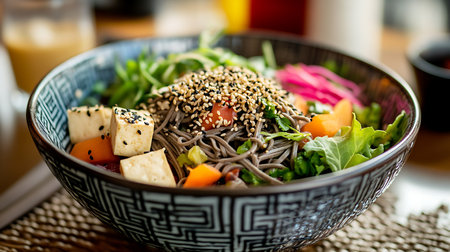 A vibrant soba noodle bowl garnished with fresh vegetables and sesame seeds showcases culinary artistry.の素材