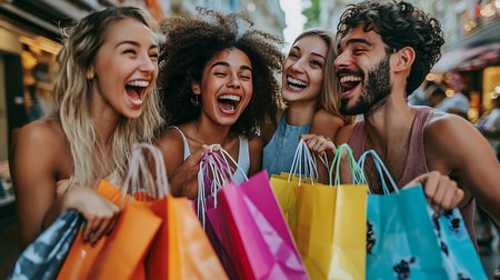 A group of friends joyfully sharing a shopping experience in the vibrant streets of the city.の素材